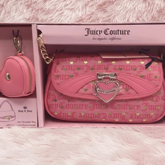 NIB Juicy Couture Pink Heart Mini Shoulder Bag + Heart Coin Purse Set Y2K - Picture 1 of 16